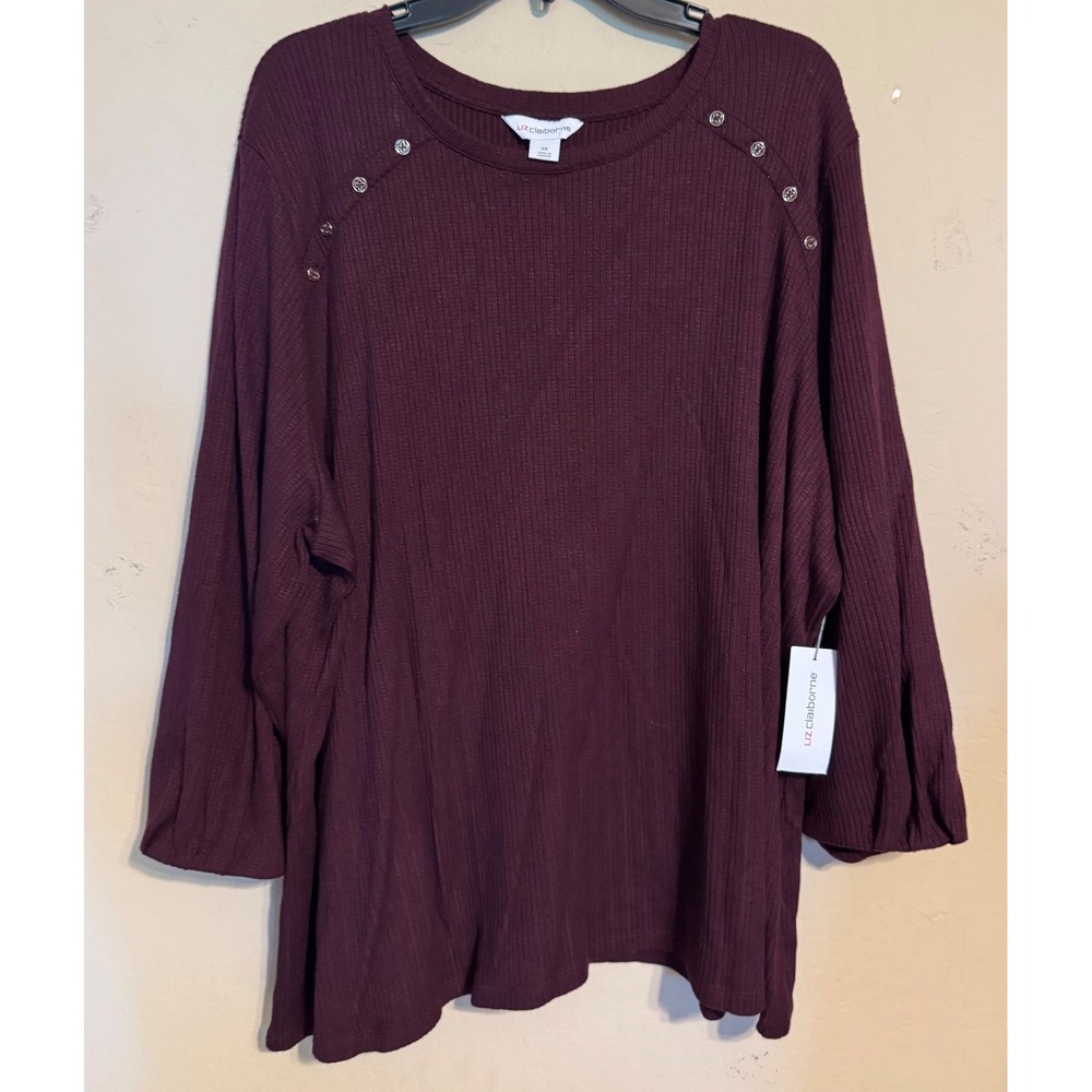 Liz Claiborne Top Women 3X Burgundy Wine Ribbed Button‎ Shoulder Puff Sleeve NEW